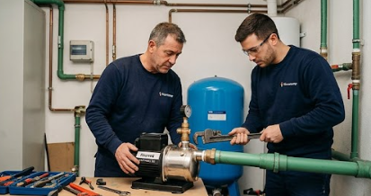 Equipe de técnicos Hidrotek especializados em conserto de bomba Rowa realizando manutenção preventiva